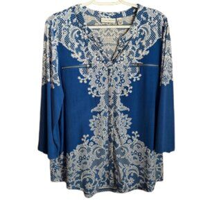 Susan Graver Paisley Print Knit Top 3/4 Sleeves size L